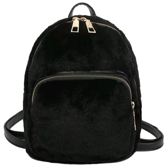 ?Cute Women Girl Plush Backpack Black Solid Color